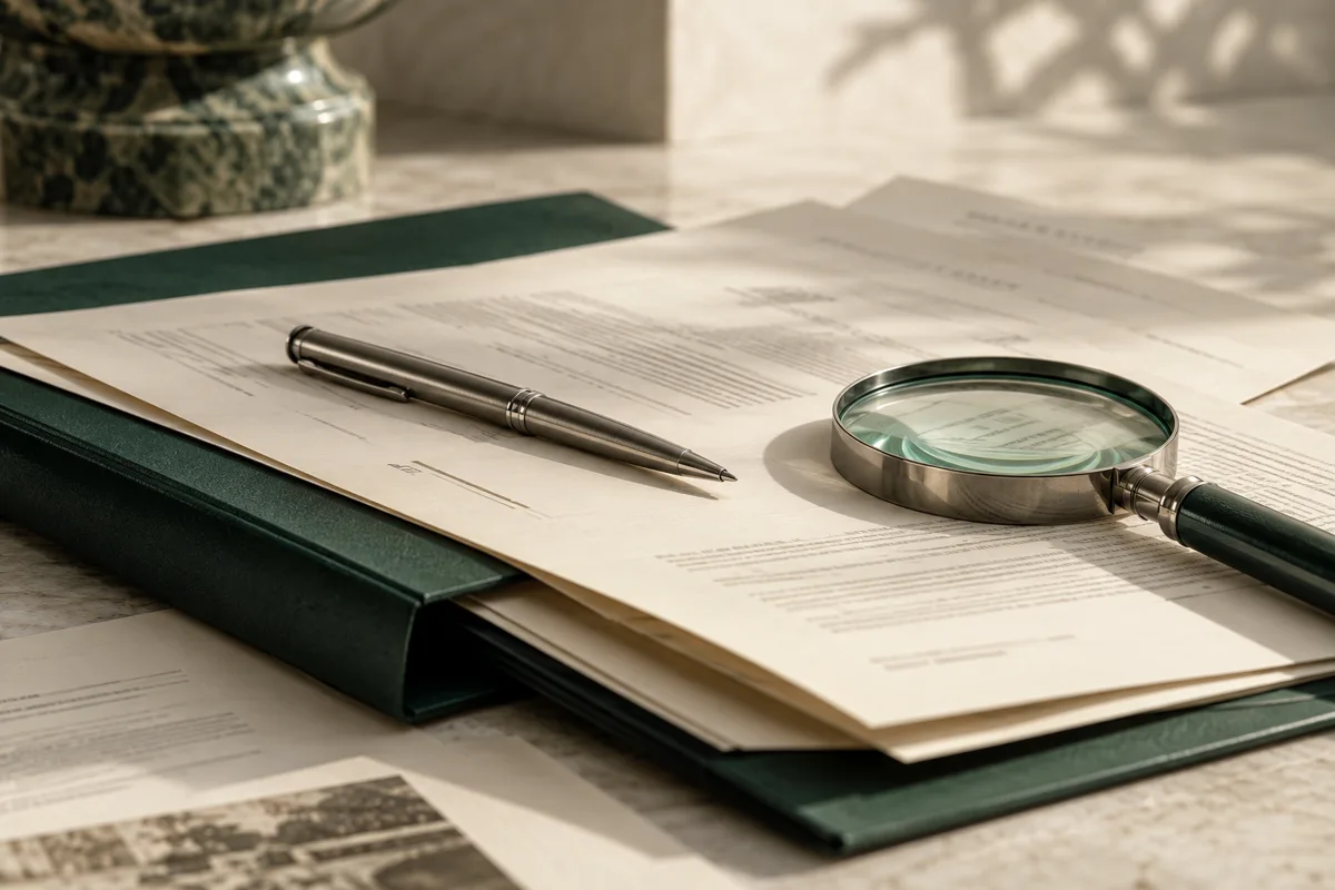 Documenti, cartella verde e lente per la verifica delle informazioni